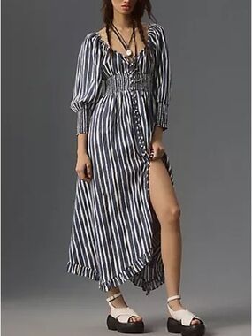 Anthropologie Large Striped Blue and White Long Sleeve Smocked Waist Maxi Dress